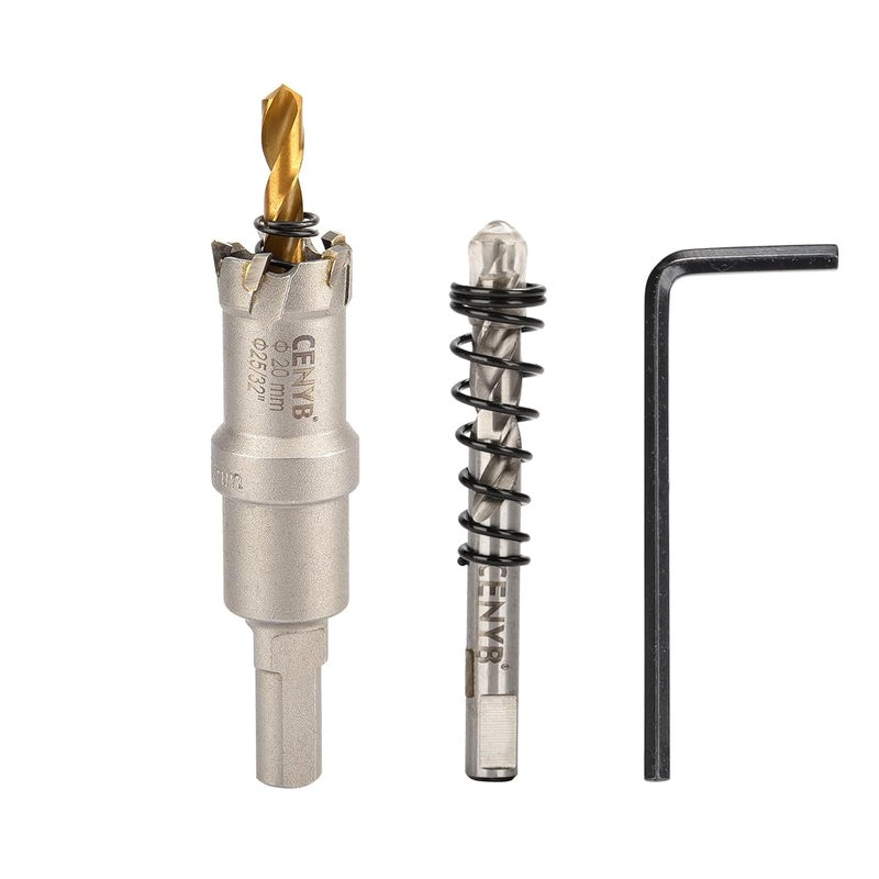 cenyb 25/32"(20mm) Tungsten Carbide Tipped Hole Saw with 2Pcs Titanium-Plated Pilot Drill Bits for Hard Metal,Stainless Steel,Iron,Aluminum Alloy,Wood and Plastic - Image 1
